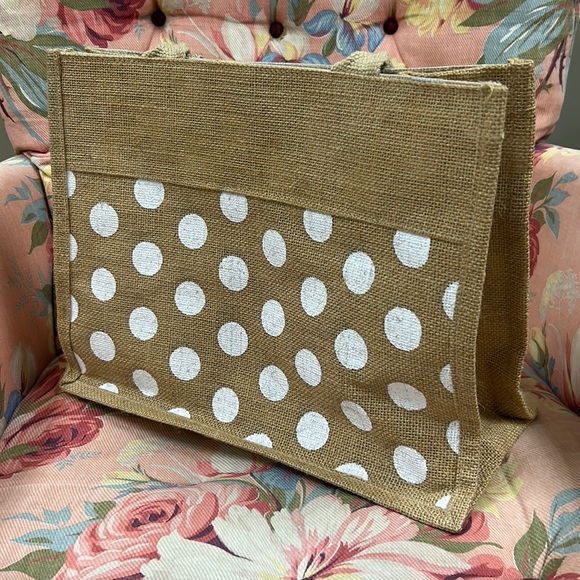Jute Grocery/Beach Bag Tan/White Polka Dot - Picture 2 of 13